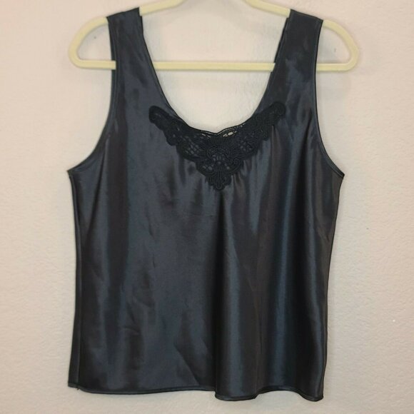 Escapades Tops - Escapades Top Women Large Black Satin Blouse Tank Embroidered Sleeveless Flowy